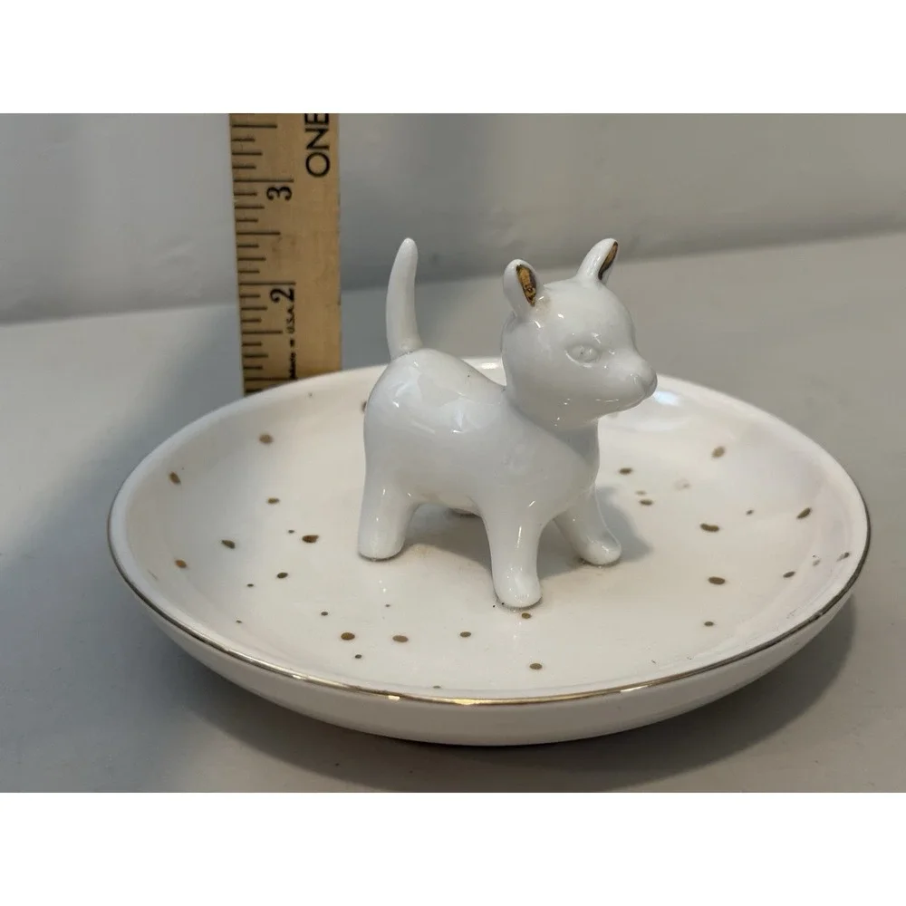 Cat Dish Ring Holder White With Gold Trim and Polka Dots
